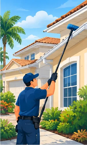 Illustration: a technician using a long-reach pole brush on the gutter of a tile-roofed Florida home